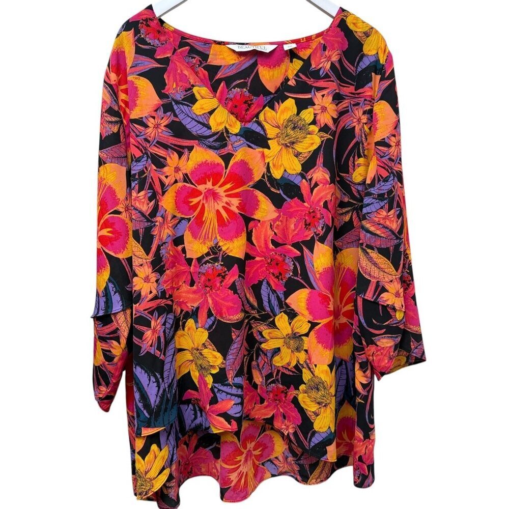 Beautiful by Lawrence Zarian Blouse Plus Size 2X Red Floral V-Neck Womens Top
